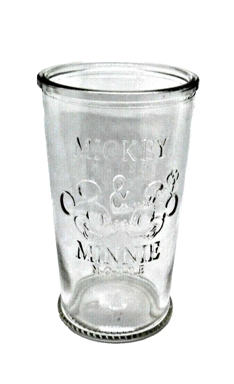 Rare DISNEY Mickey Mouse & Minnie Mouse Clear Drinking Glass 6 in, Marked 1, Vtg
